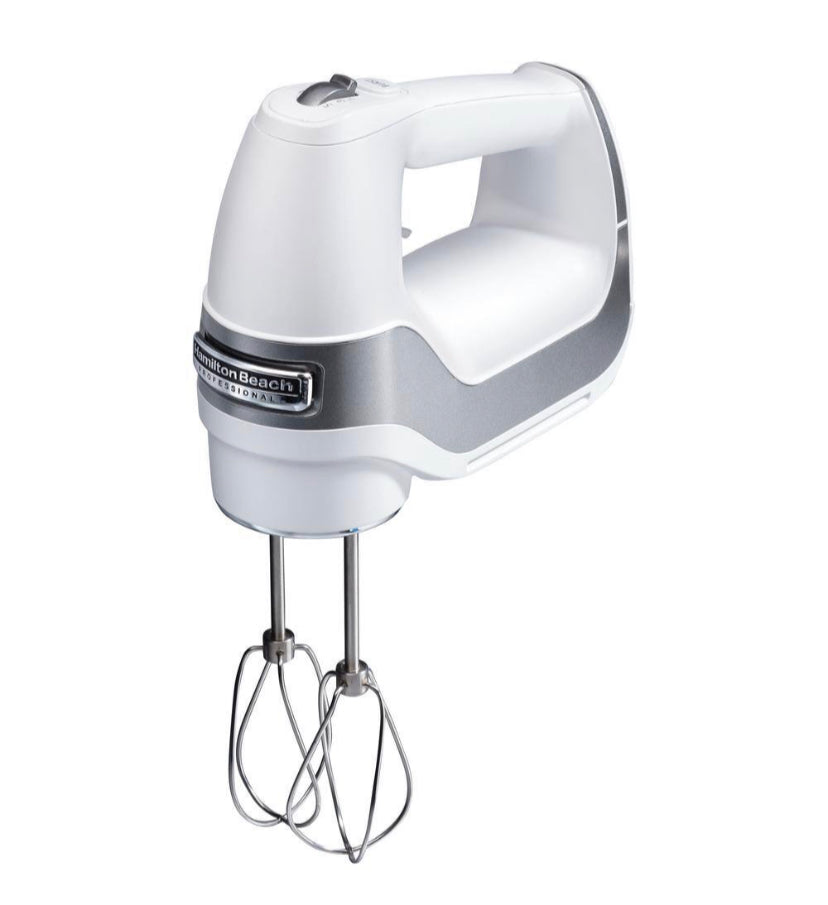 Hamilton Beach Professional 5-Speed White Hand Mixer with Stainless Steel Attachments and Snap-On Storage Case