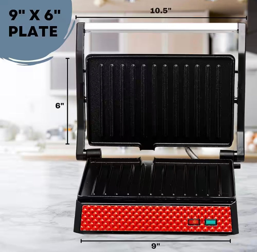 OVENTE Red Electric Panini Press Grill, 2-Slice 1000-Watt Heating Plate, Drip Tray Included