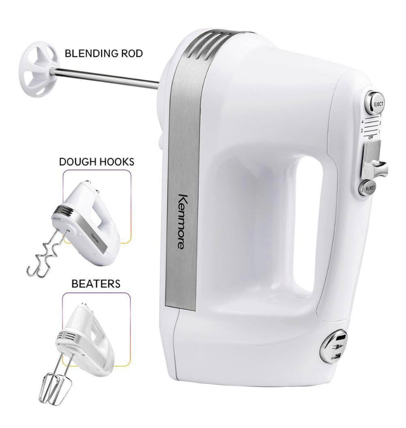 KENMORE Kenmore 5-Speed Hand Mixer / Beater / Blender, White, 250W, with Clip-on Accessory Storage Case