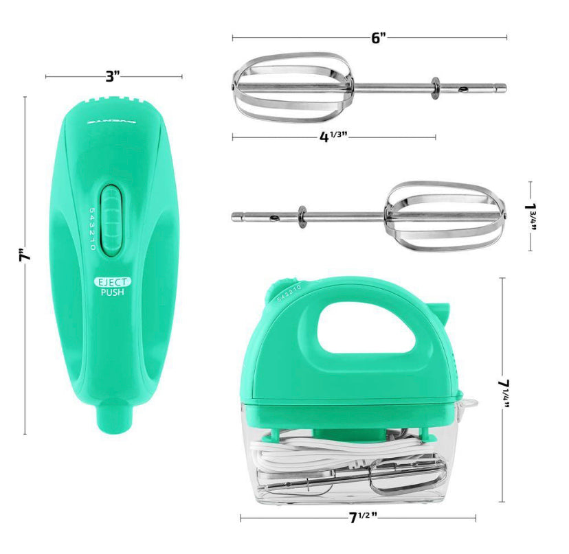 OVENTE 5-Speed Turquoise Portable Electric Hand Mixer with 2-Chrome Beater Attachments and Snap-on Storage Container