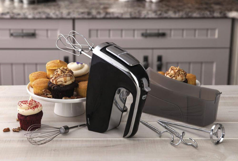 Hamilton Beach 6-Speed Black Hand Mixer with Beater, Whisk and Dough Hook Attachments