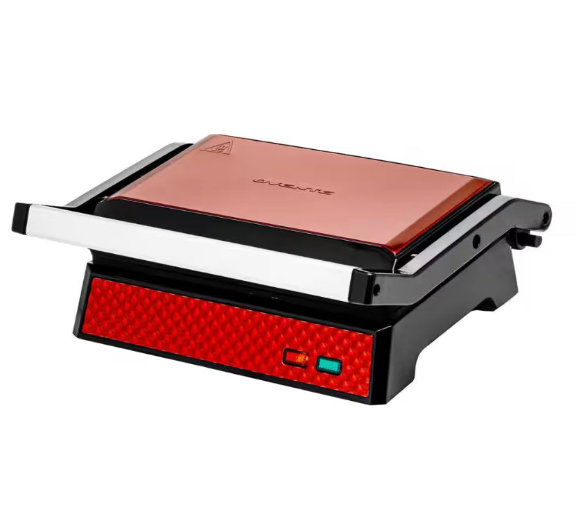 OVENTE Red Electric Panini Press Grill, 2-Slice 1000-Watt Heating Plate, Drip Tray Included