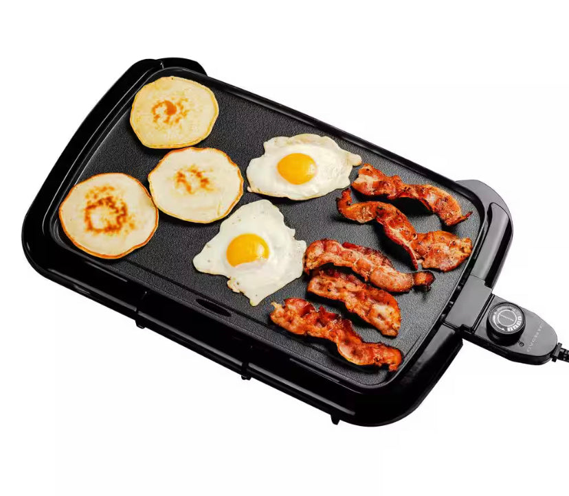 OVENTE Non-Stick Plate Electric Griddle, Temperature Probe and Control Knob, Indicator Light and Drip Tray