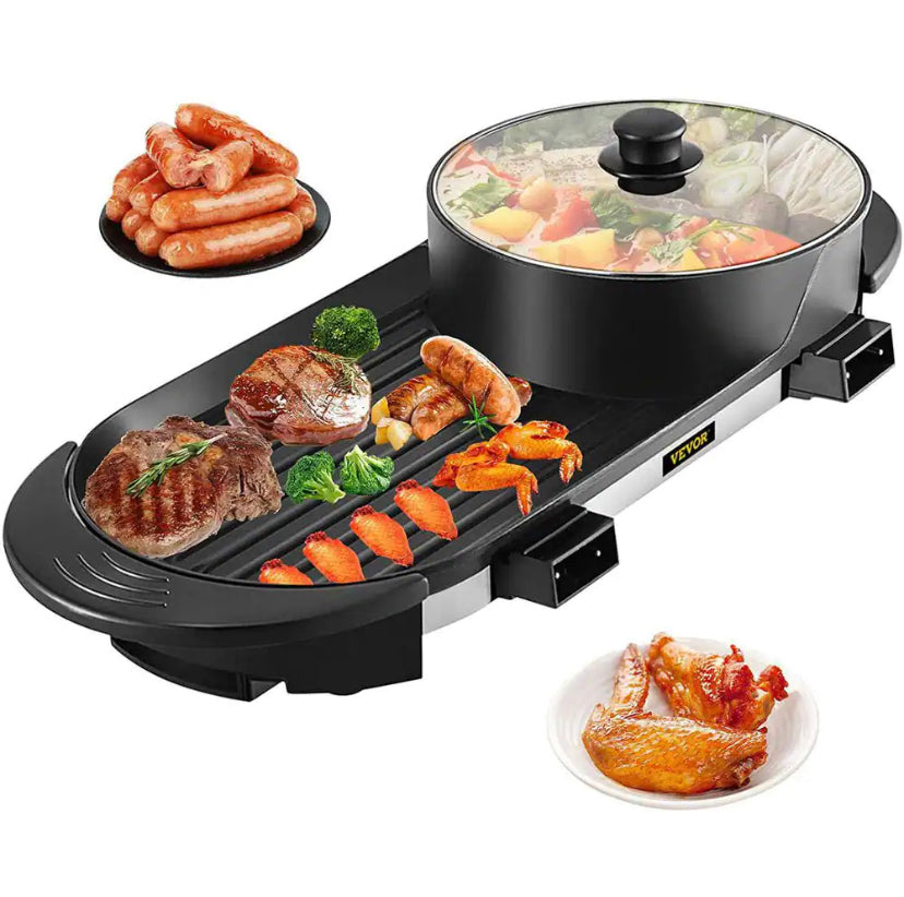 VEVOR 2 in 1 BBQ Grill and Hot Pot 72 sq. in. Aluminum Alloy Electric BBQ Stove Grill Pot for Family Dinner Friends Party