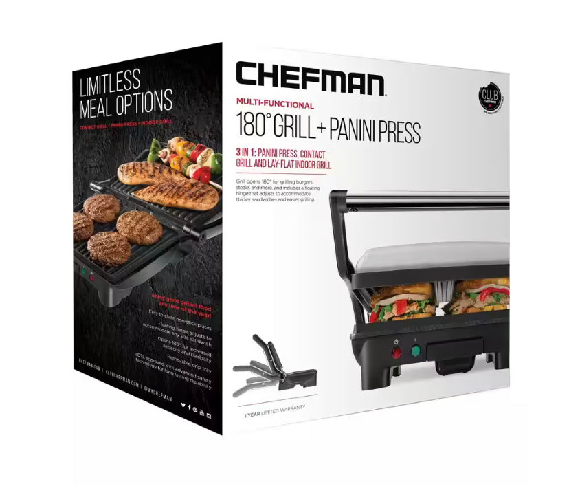Chefman Electric Stainless Steel 180° Panini Press, Black, 4-Slice