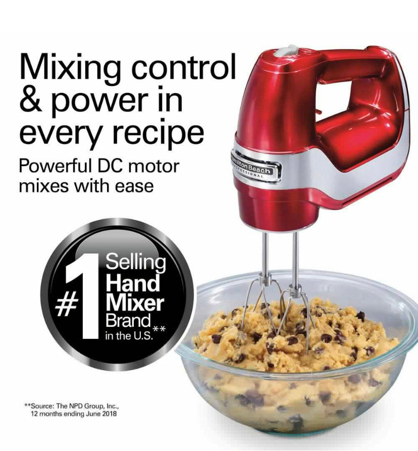 Hamilton Beach Professional 5-Speed Red Hand Mixer with Stainless Steel Attachments and Snap-On Storage Case
