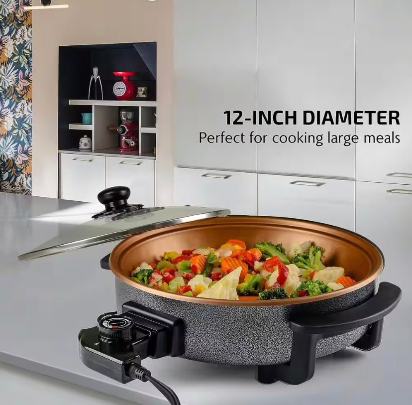 OVENTE 113 Sq. In. Copper Electric Skillet with Nonstick Coating, Frying Pan with Tempered Glass Lid