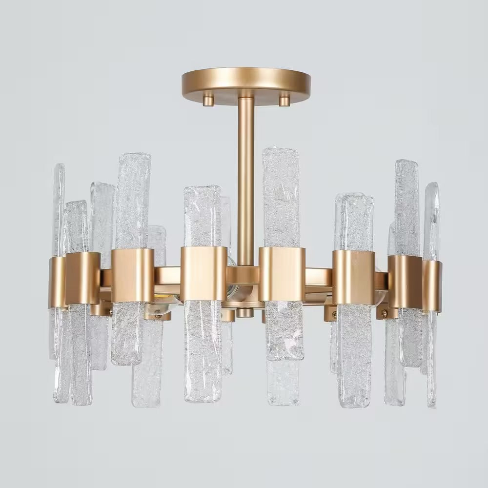 Uolfin Modern Kitchen Chandelier Ceiling Light, Eicy 14.2 in. 3-Light Gold Drum Cylinder Semi-Flush Mount with Ice Glass Strips