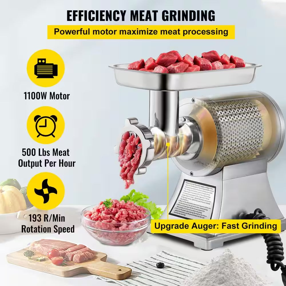 VEVOR 1100-Watt Silver Electric Meat Grinder 550 lbs./Hour Commercial Sausage Stuffer Maker 1.5-HP for Industrial and Home Use