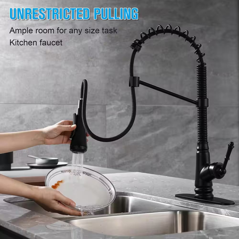 ELLO&ALLO Single Handle Pull Down Sprayer Kitchen Faucet with Deckplate Included and 4 Spray in Matte Black