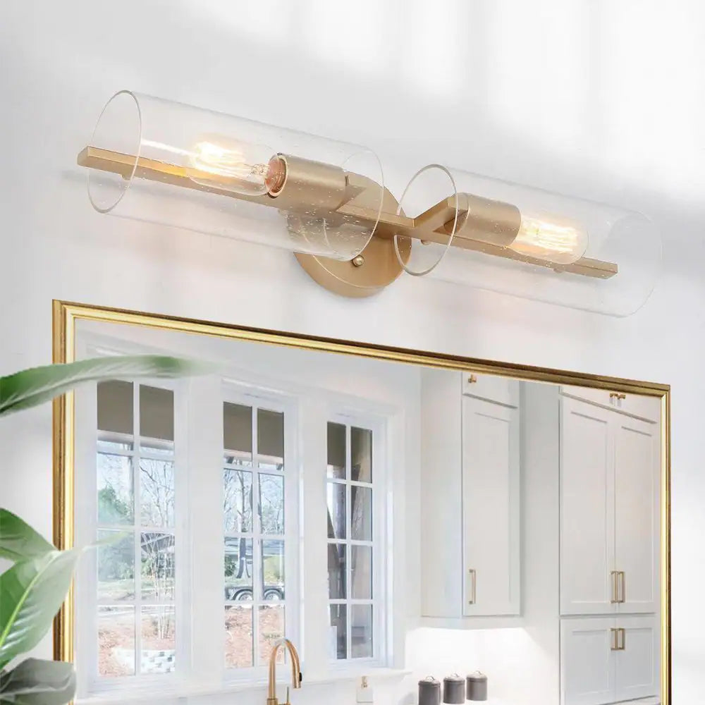 Uolfin Modern Cylinder Bathroom Vanity Light 2-Light Brass Gold Linear Powder Room Wall Sconce Light with Seeded Glass Shade