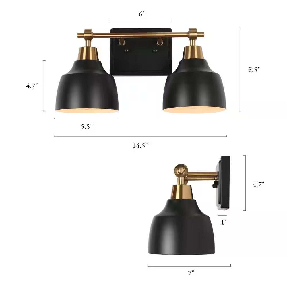 LNC Modern 14.5 in. 2-Light Black Vanity Light with Brass Plated Metal Arm and Bell Shades for Bathroom Round/Arched Mirror