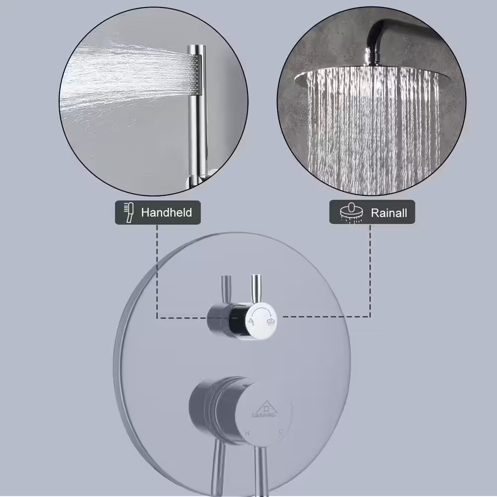 CASAINC 1-Spray Patterns Round 2-Function 10 in. Wall Mount Dual Shower Heads with Handheld in Chrome