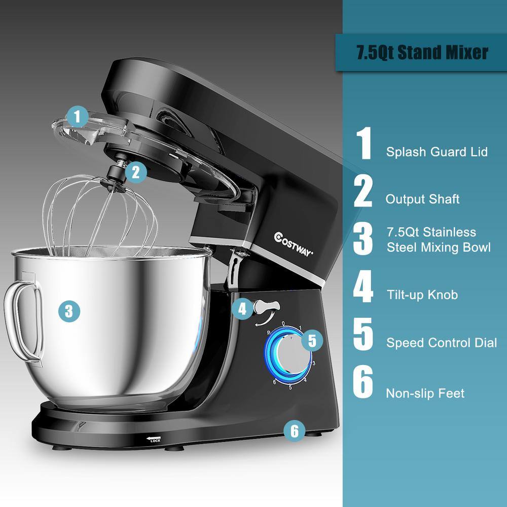 Costway 660W 7.5 qt. . 6-Speed Black Stainless Steel Stand Mixer with Dough Hook Beater