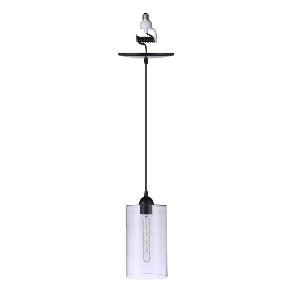 Worth Home Products Instant Pendant 1-Light Recessed Light Conversion Kit Matte Black with Clear Cylinder Glass Shade