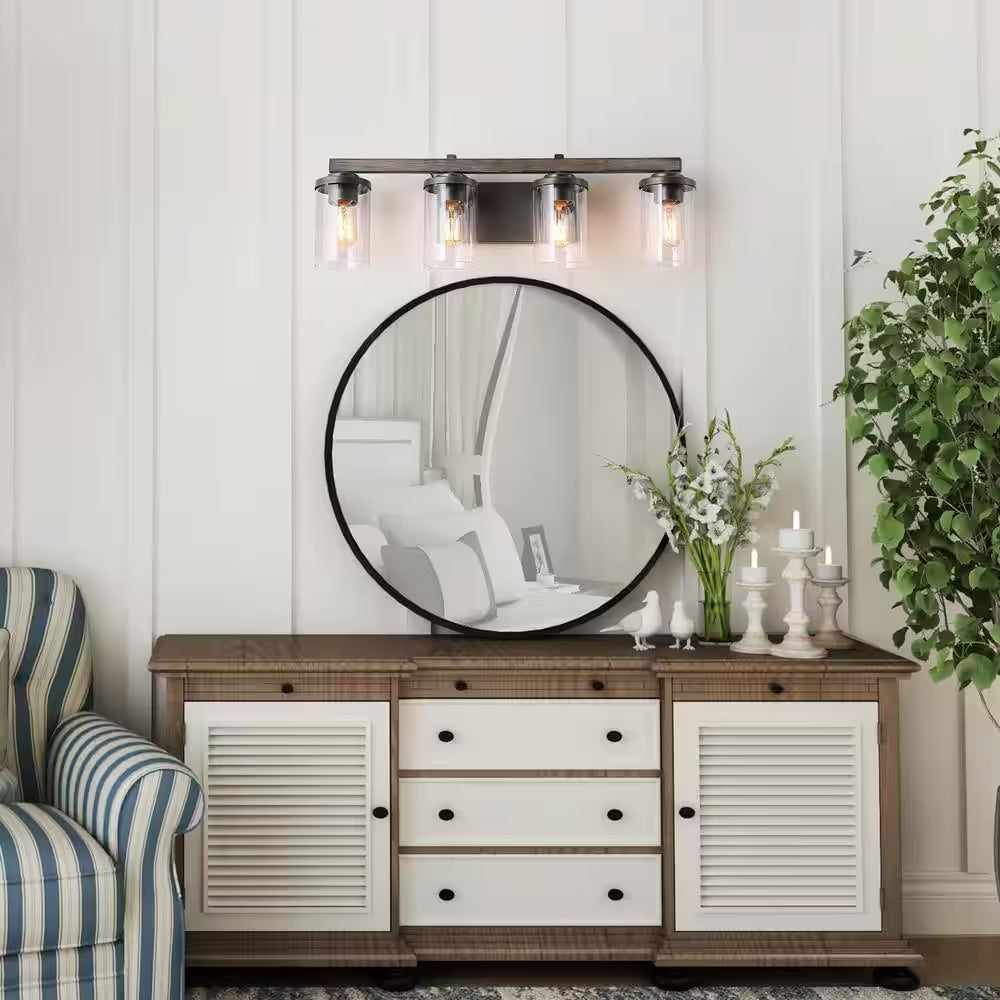 LNC 28 in. 4-Light Rust Black Farmhouse Bathroom Vanity Light with Brushed Faux Wood/Gray Accents and Clear Glass Shades