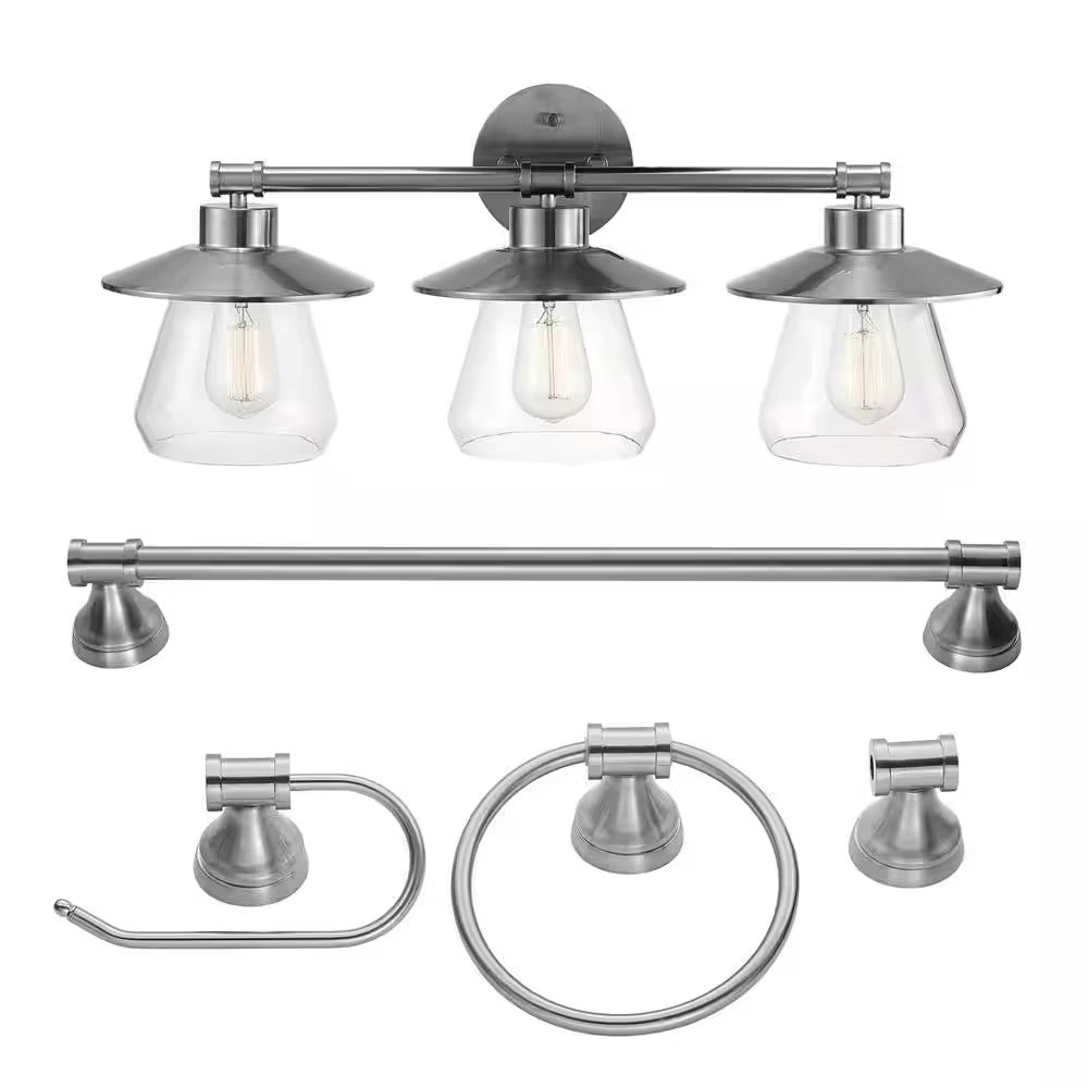 Globe Electric Nate 3-Light Brushed Steel Vanity Light With Clear Glass Shades and Bath Set