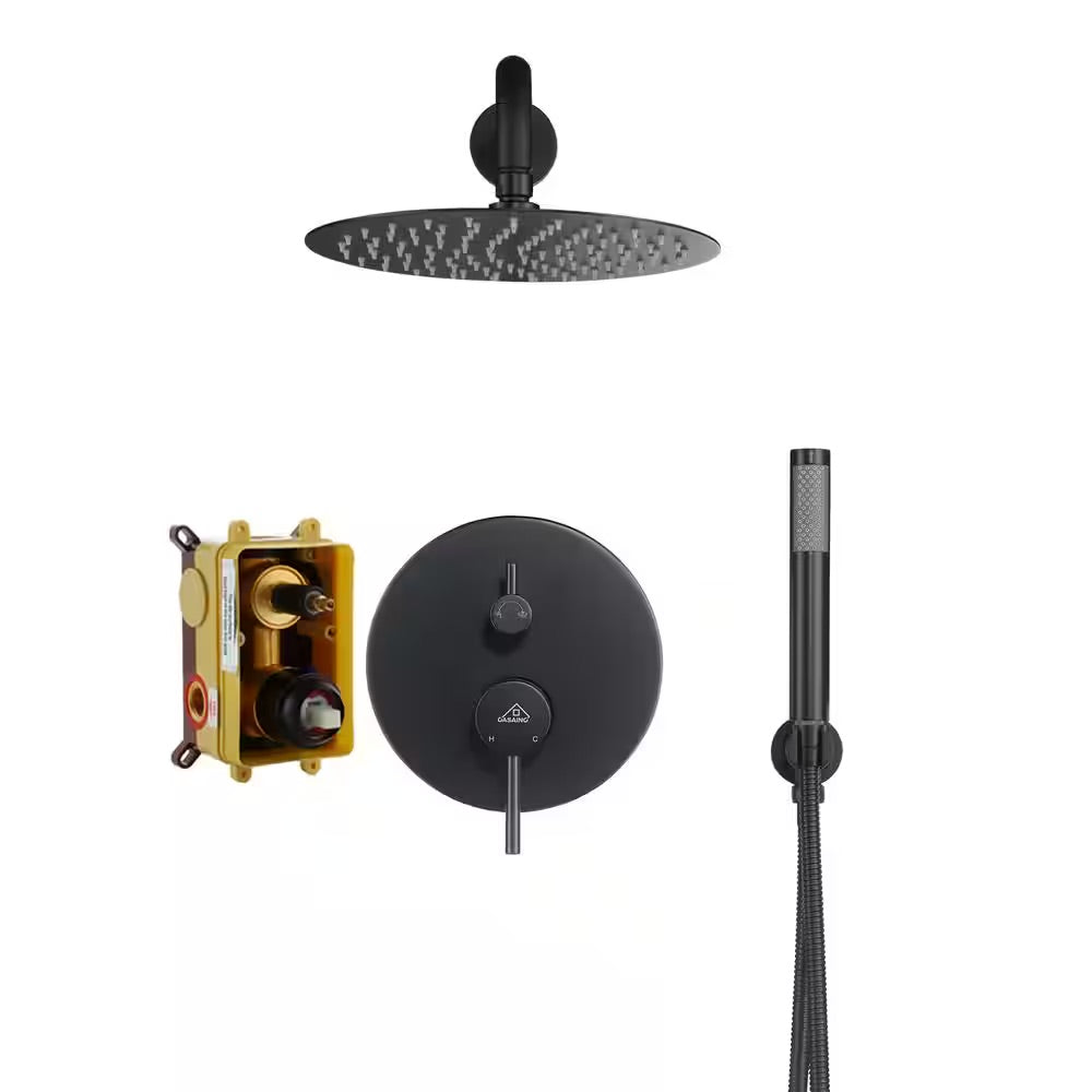 CASAINC 1-Spray Patterns Round 2-Functions 10 in. Wall Mount Dual Shower Heads with Handheld in Matte Black