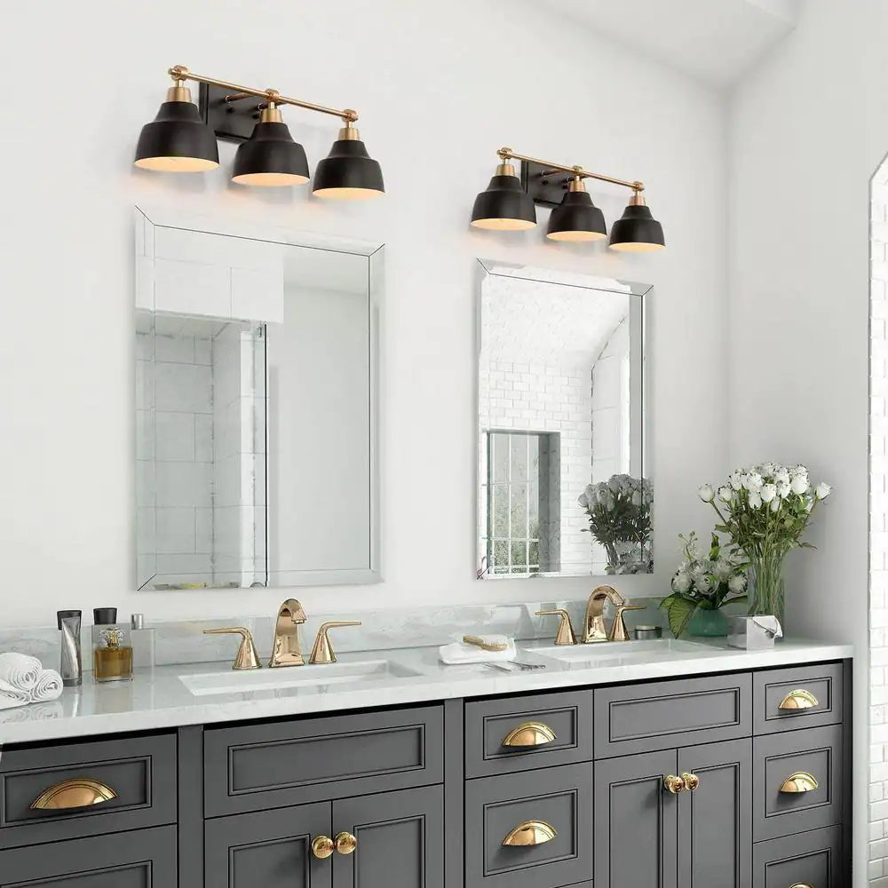 LNC Modern Black Bathroom Vanity Light with Gold Arm, 24.5 in. 3-Light Metal Bell Bath Wall Sconce for Arched/Round Mirror