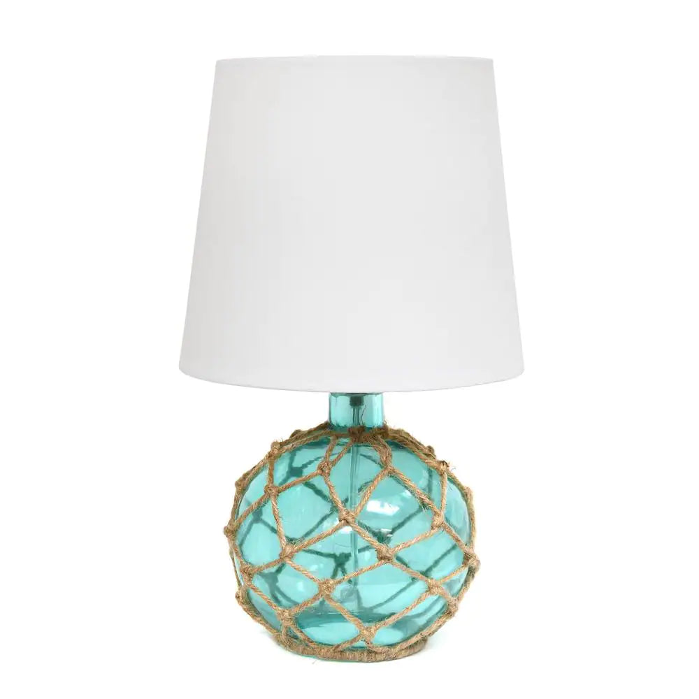 Elegant Designs 15.25 in. 1-Light Aqua Buoy Rope Nautical Netted Coastal Ocean Sea Glass Table Lamp with White Fabric Shade