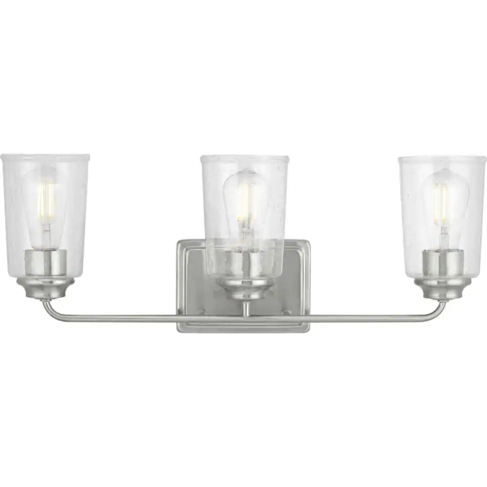 Hampton Bay Evangeline 23 in. 3-Light Brushed Nickel Farmhouse Bathroom Vanity Light with Clear Seeded Glass Shades