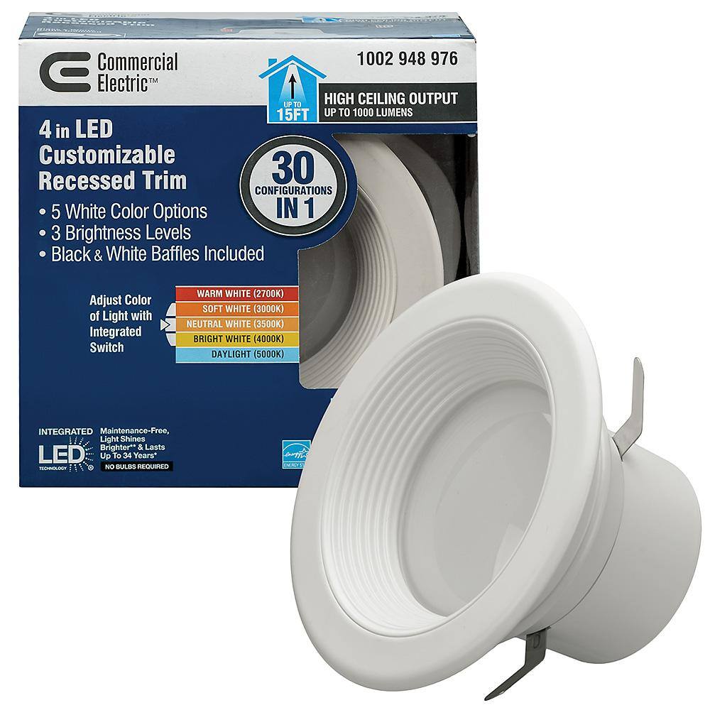 Commercial Electric 4 in. Selectable Integrated LED Recessed Trim Downlight 30 Configurations in 1 Fixture High Ceiling Output T20 Compliant