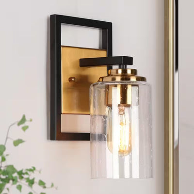 Zevni Cucko 1-Light Brass Gold Modern Indoor Wall Sconce, Black Bathroom Vanity Light, Cylinder Seeded Glass Wall Light,