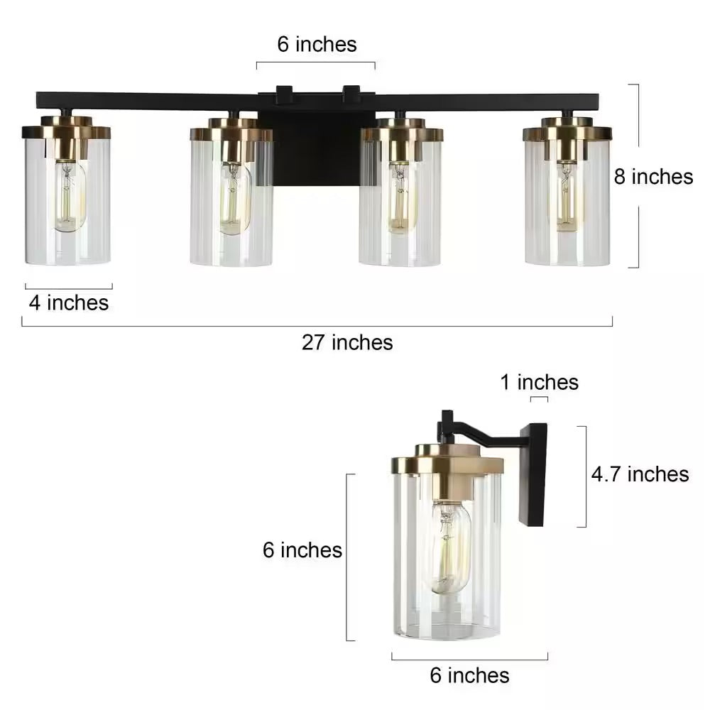Zevni 27 in. 4-Light Black Vanity Light for Bathroom Modern Industrial Brass Gold Wall Light with Cylinder Clear Glass Shades