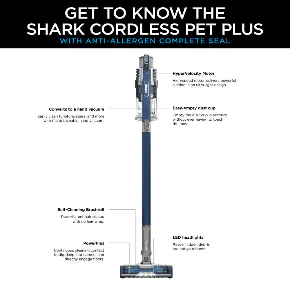 Shark Pet Plus Bagless Cordless HEPA Filter Stick Vacuum with Anti-Allergen Seal, Powerfins Brushroll, 40min Runtime - IZ361H