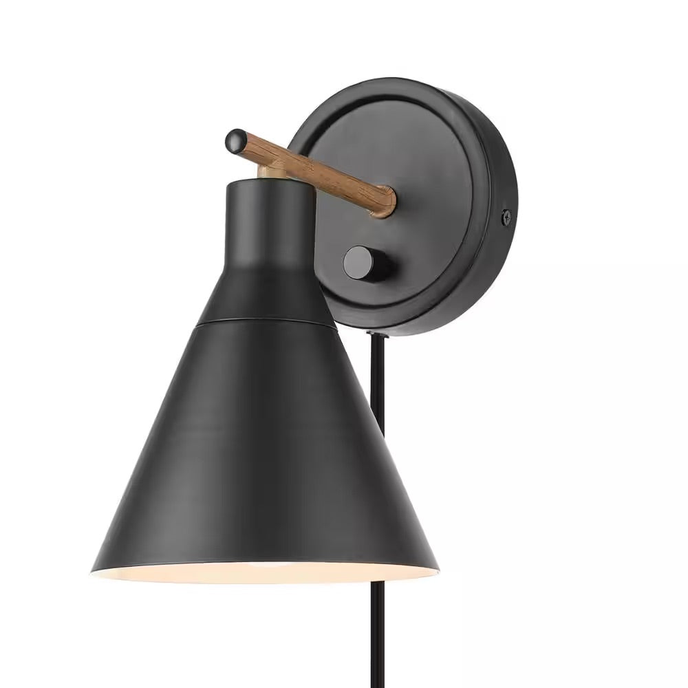 Globe Electric Tristan 4.8 in. Matte Black Plug-In or Hardwire Sconce with Faux Walnut Accent, Black Fabric Cord