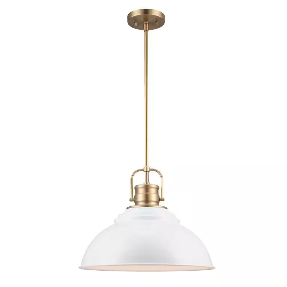 Home Decorators Collection Shelston 16 in. 1-Light White and Brass Farmhouse Hanging Kitchen Pendant Light with Metal Shade