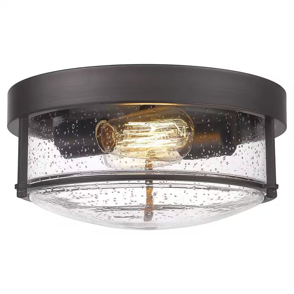 JAZAVA 12 in. 2-Light Oil Rubbed Bronze Finish With Seeded Glass Shade Ceiling Flush Mount Light Fixture