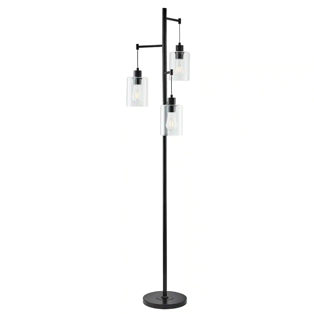 Merra 65 in. Black Industrial Floor Lamp with Hanging Glass Shades 3-Light