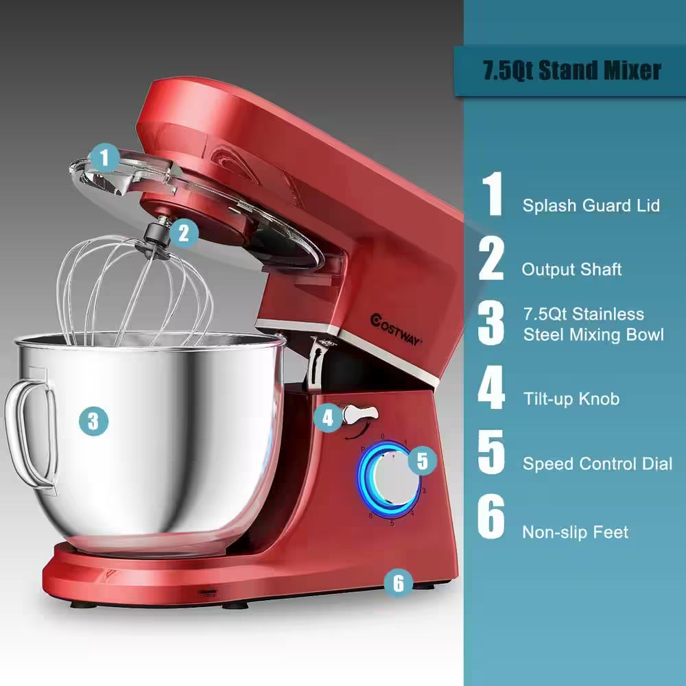 Costway 660W 7.5 qt. . 6-Speed Red Stainless Steel Stand Mixer with Dough Hook Beater