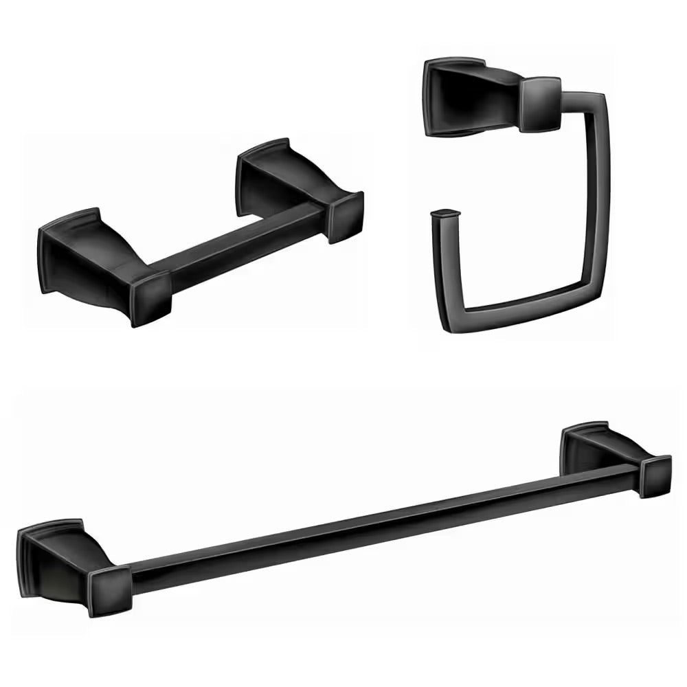 MOEN Hensley Press and Mark 3-Piece Bath Hardware Set with 24 in. Towel Bar, Paper Holder and Towel Ring in Matte Black
