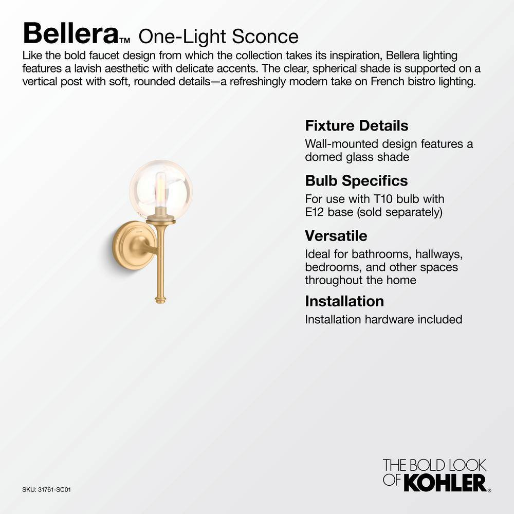 KOHLER Bellera 1 Light Matte Black Indoor Wall Sconce with Globular Glass Shade, UL Listed