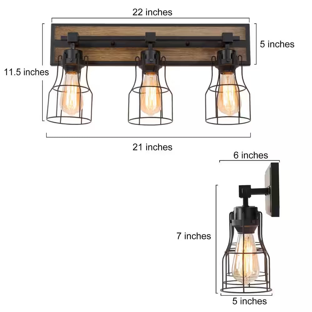 LNC Black Vanity Light 3-Light Farmhouse Vanity Light Industrial Wall Sconce Bathroom Wall Light with Faux Wood Accents