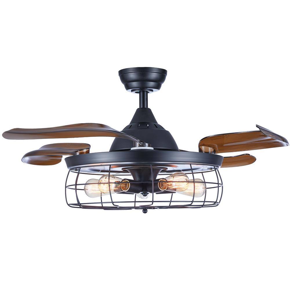Merra 42 in. Indoor Black Ceiling Fan with Lights Retractable Blades Open Cage Shade and Remote Control