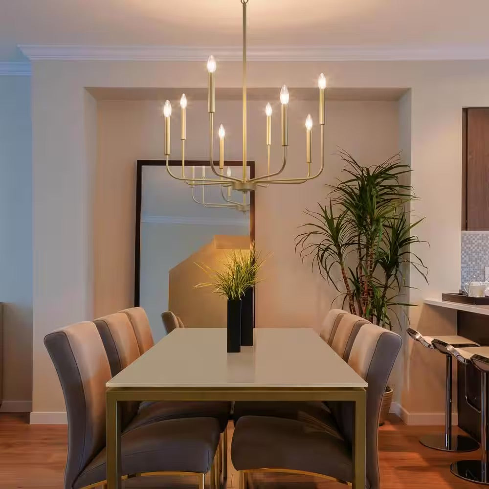 LALUZ Linear Gold Staggered Candlestick Island Chandelier, 8-Light Vintage Hanging Pendant Lamp for Kitchen Dining Living Room