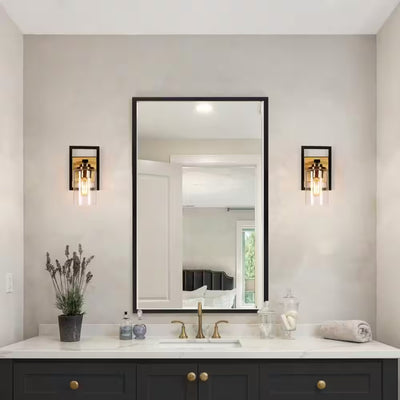 Zevni Cucko 1-Light Brass Gold Modern Indoor Wall Sconce, Black Bathroom Vanity Light, Cylinder Seeded Glass Wall Light,