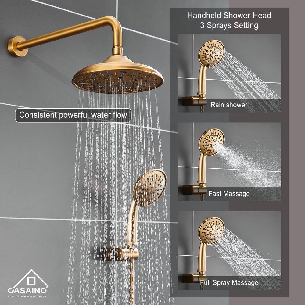 CASAINC 3-Spray Patterns 8.3 in. Wall Mount Shower Faucet Set Dual Shower Heads in Brushed Gold, (Rough in Valve Included)