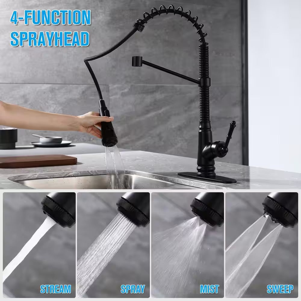 ELLO&ALLO Single-Handle Pull-Down Sprayer Kitchen Faucet with 4-Modes in Matte Black