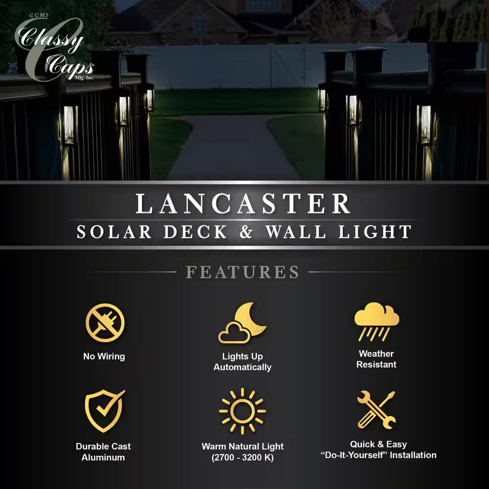 CLASSY CAPS Lancaster 4 Lights Black Cast Aluminum Solar Integrated LED Outdoor Wall Mount Sconce 2700K (4-Pack)