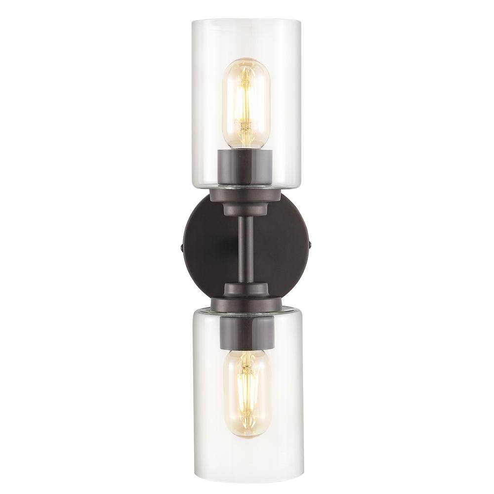 JONATHAN Y Giles 5.75 in. 2-Light Oil Rubbed Bronze/Clear Farmhouse Industrial Iron Cylinder LED Vanity Light, Oil Rubbed Bronze