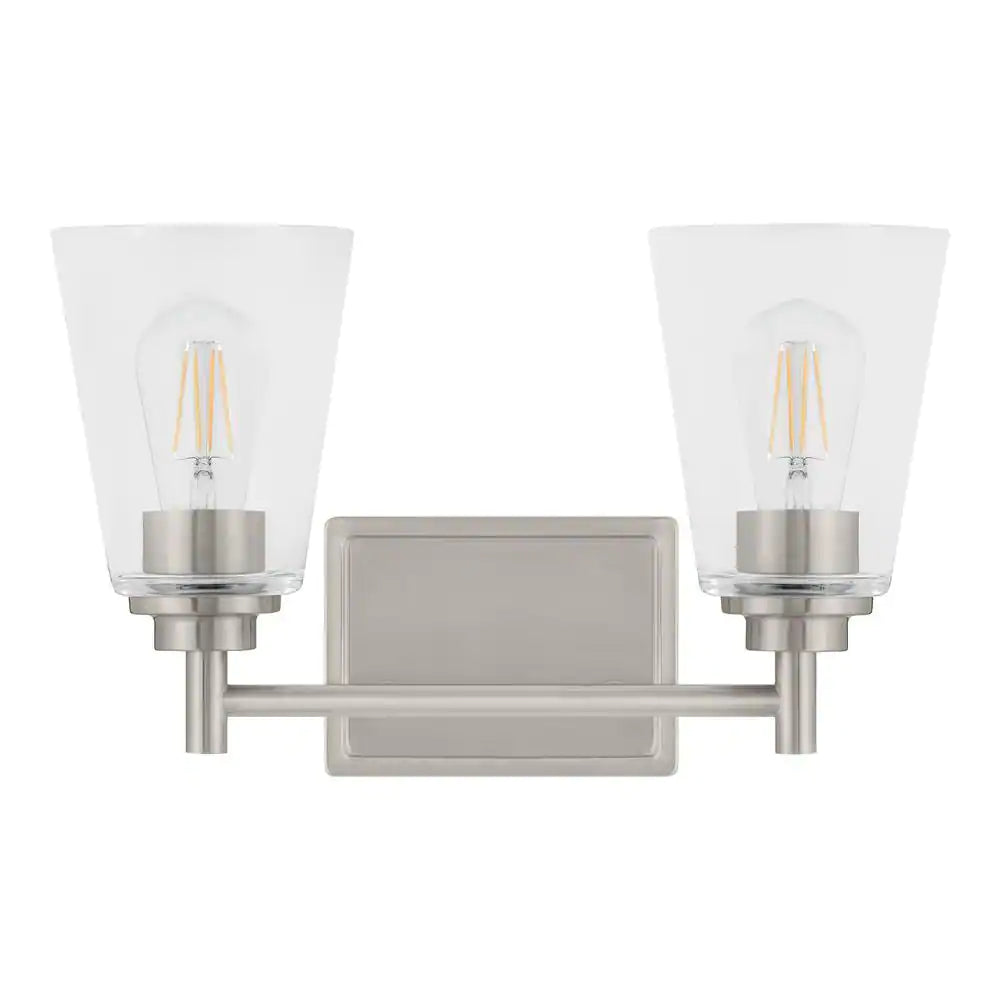 Hampton Bay Wakefield 15 in. 2-Light Brushed Nickel Modern Vanity Light with Clear Glass Shades