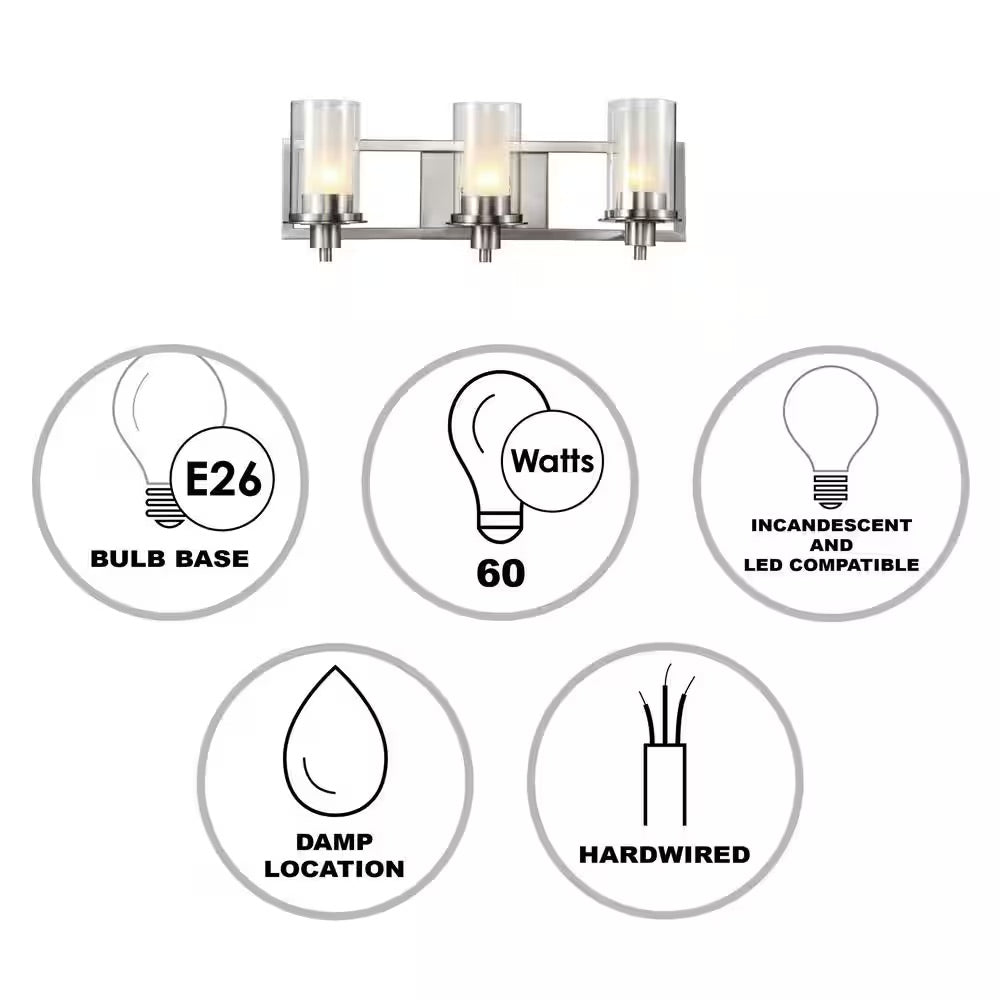 Bel Air Lighting Odyssey 22 in. 3-Light Brushed Nickel Bathroom Vanity Light Fixture with Frosted Inner Glass Shade