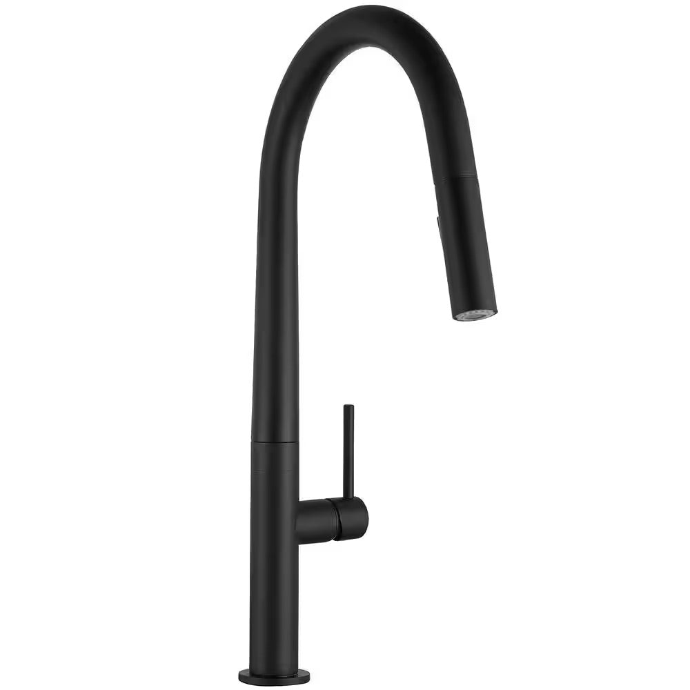 AKDY Easy-Install Single-Handle Deck Mount Gooseneck Pull-Down Sprayer Kitchen Faucet with Flexible Hose in Matte Black