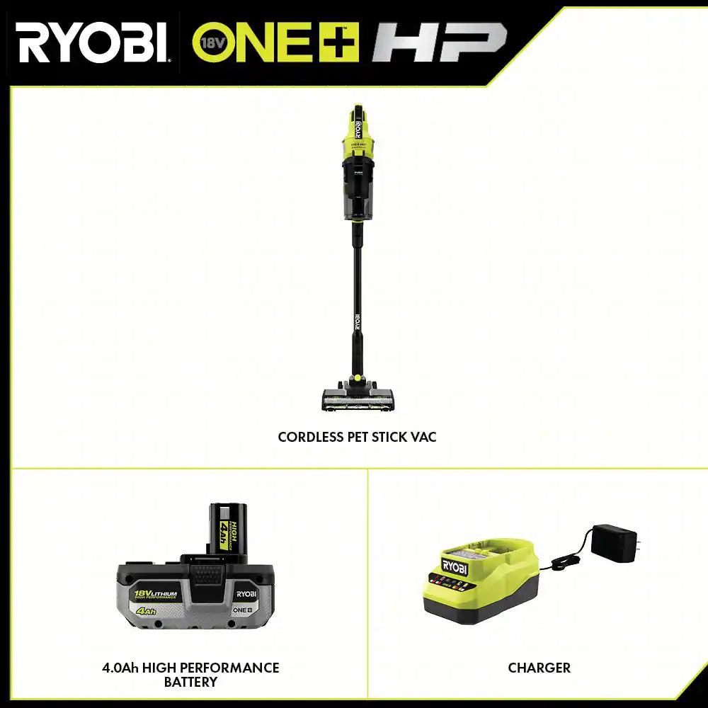 RYOBI ONE+ HP 18V Brushless Cordless Pet Stick Vacuum Cleaner Kit with 4.0 Ah HIGH PERFORMANCE Battery and Charger