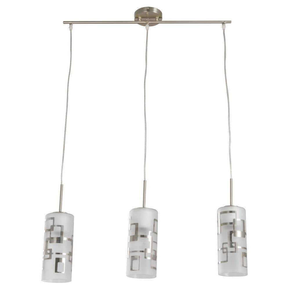 Hampton Bay 3-Light Brushed Nickel Ceiling Mini Pendant with Modern Pattern Etched White Glass Shades