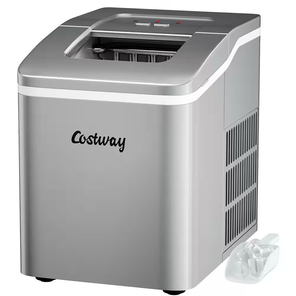 Costway 9 in. W 26 lbs./24-Hour Countertop Portable Ice Maker Self-cleaning wit-Hour Scoop in Silver